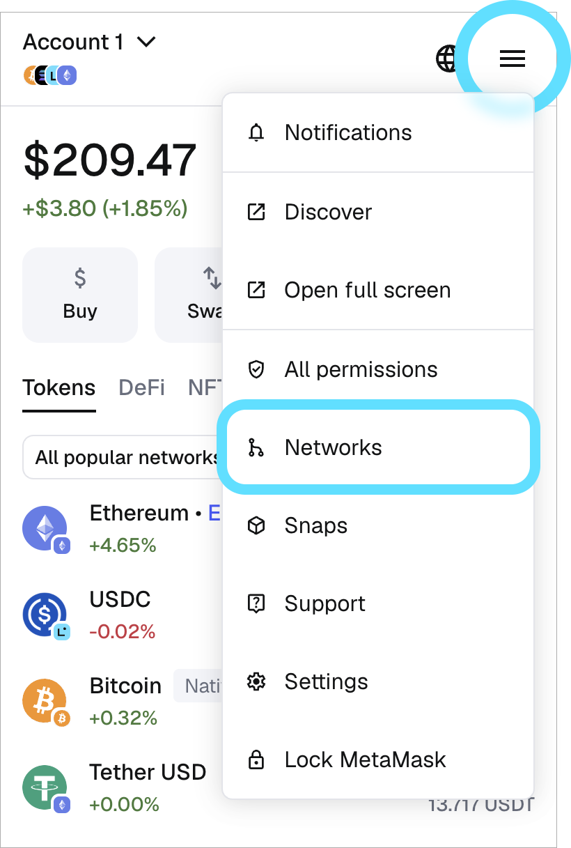 MetaMask extension locate networks menu dropdown